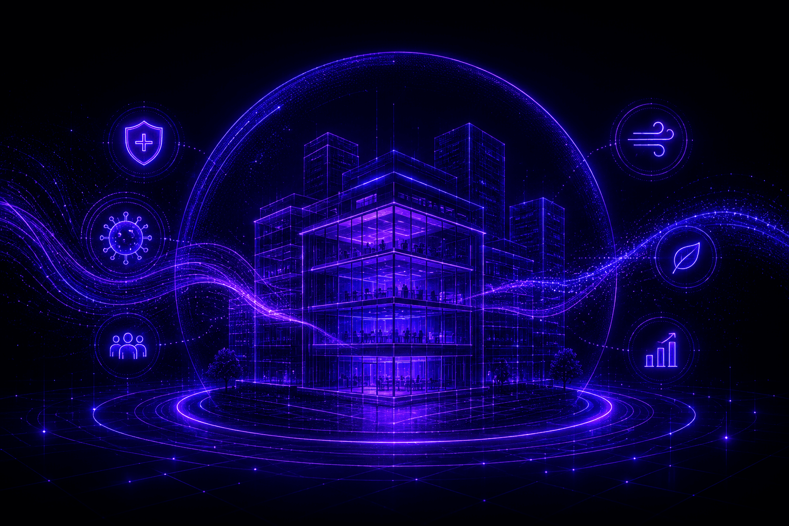 Architectural line illustration representing the future of healthier buildings and disease prevention in shared indoor spaces
