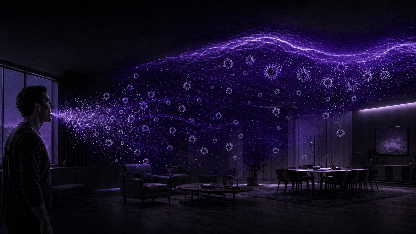 3-panel visualization: aerosol spread, room modeling, SaniLume UVC field