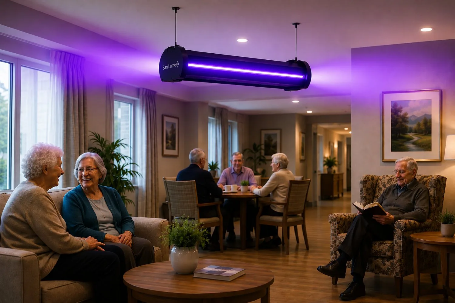SaniLume installed overhead in a shared common-area lounge
